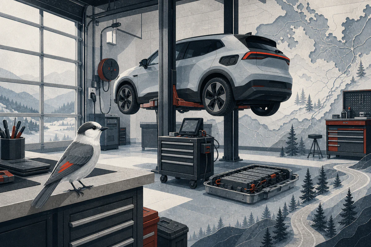 A Canada jay observes an electric vehicle, battery and service equipment in a Canadian repair shop.